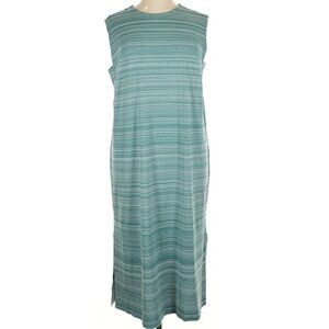 Duluth Trading Co Midi Teal Blue Dress Crewneck Heather Stripe Stretch Casual